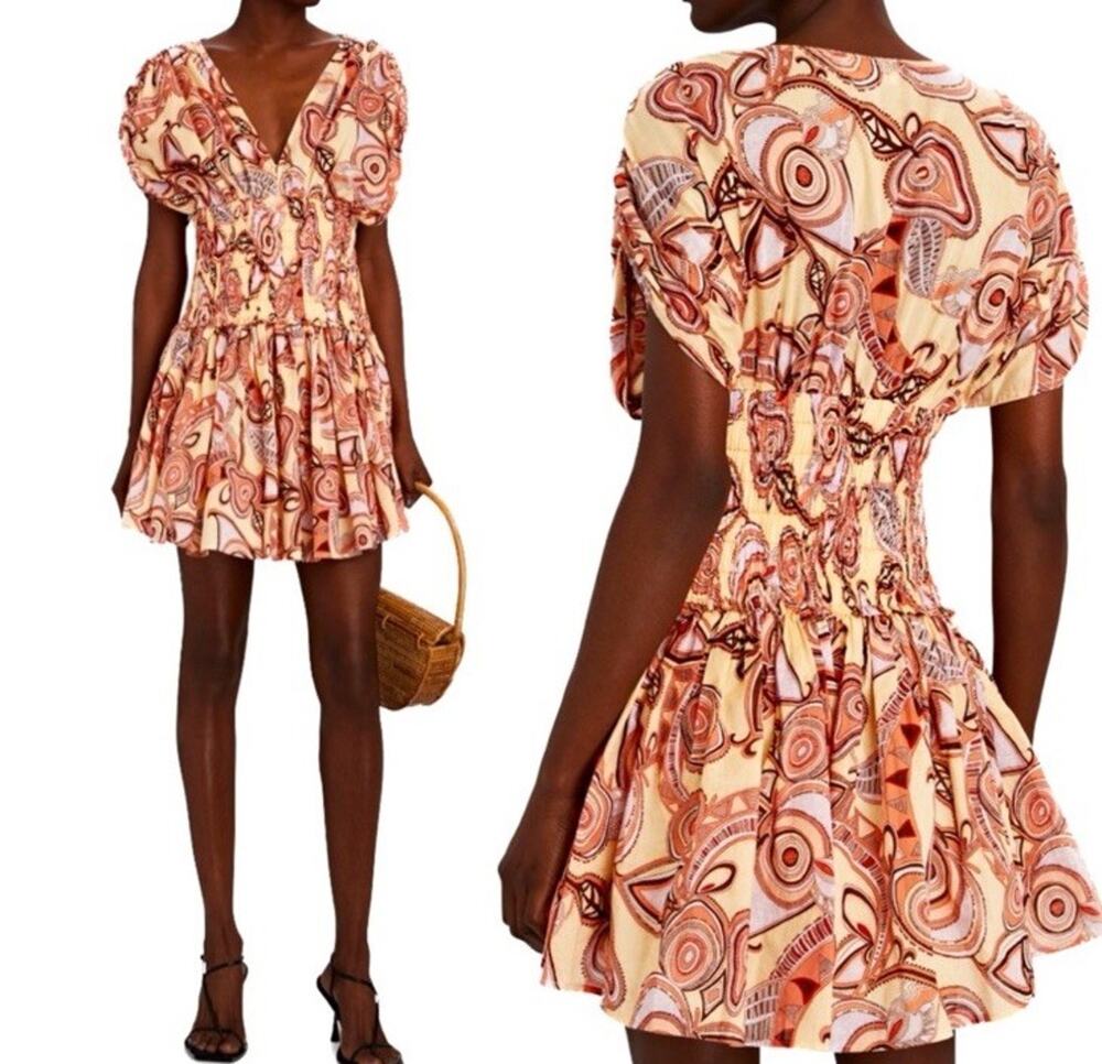 A.L.C. Luna Paisley Print Pink Smock Waist Raglan Short Sleeve Mini Dress Sz 0